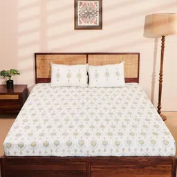 Fabindia White & Blue Floral 180 TC King Bedsheet with 2 Pillow Covers-image-69