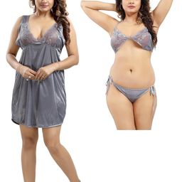 LIFE-TALE Women Grey Satin Nightdress-image-62