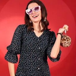 Fashion2wear Floral Print Puff Sleeve Georgette Peplum Top-image-81
