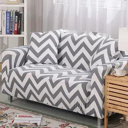 HOUSE OF QUIRK Three Seater Grey & White Striped Polyester Sofa Cover With Arms-image-17