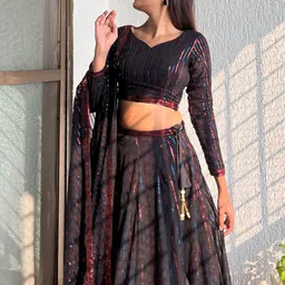 FABPIXEL Embroidered Sequinned Semi-Stitched Lehenga & Unstitched Blouse With Dupatta image 4