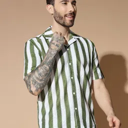 GLITO Men Modern Cuban Collar Multi Striped Cotton Relaxed Fit Casual Shirt-image-21