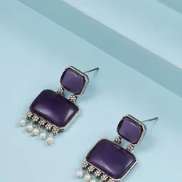 JEWILLEY Parnika Silver-Plated Artificial Stones Studded & Beaded Oxidised Drop earrings-19