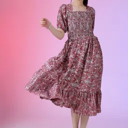 Jash Creation Print Puff Sleeve Applique Fit & Flare Dress-picture-27