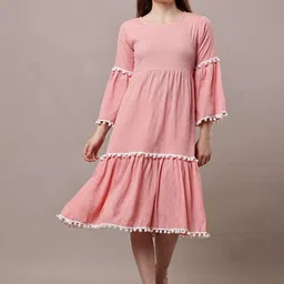 Bright Nex Solid Pom-Pom Three-Quarter Sleeves A-Line Midi Dress-picture-27