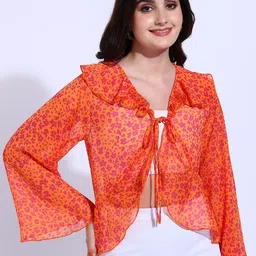 Fashfun Floral Print Bell Sleeve Ruffles Chiffon Crop Top-image-16