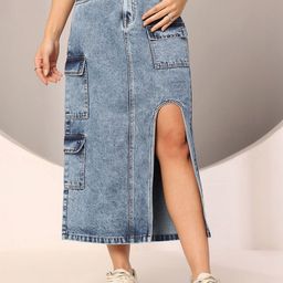 DOLCE CRUDO Straight-Fit High-Rise A-Line Denim Midi Skirt-picture-31