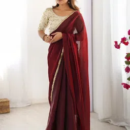 DIVASTRI Solid Saree With Sequinned Scallop Embellished Border-image-1