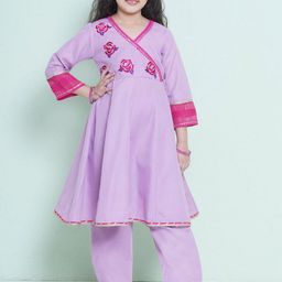 Bitiya by Bhama Girls Floral Embroidered Sequinned Pure Cotton Anarkali Kurta with Trouser-image-99