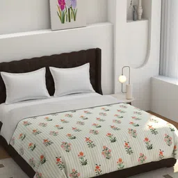 Florida Flyn White & Sea Green Floral Printed Reversible Summer 150 GSM Double Bed Dohar-image-75