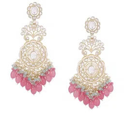 Priyaasi Gold-Plated Kundan Stone Studded & Pearls Beaded Contemporary Drop Earrings image 2
