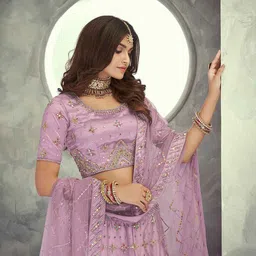 ODETTE Embroidered Sequinned Net Semi-Stitched Lehenga & Blouse With Dupatta image 4