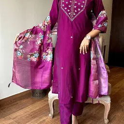 NIZA FASHION Floral Embroidered Notch Neck Kurta With Trousers & Dupatta-15