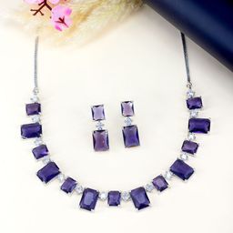 PRIVIU Rhodium Plated Square Shaped American Diamond Jewellery Set-image-11