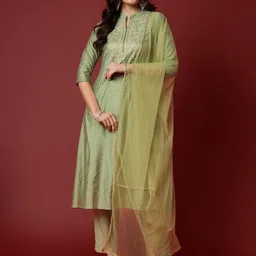 Aspriya Polka Dots Printed Thread Work Chanderi Silk Kurta With Trousers & Dupatta-picture-29