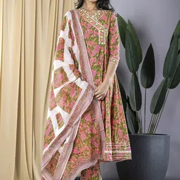 KALINI Women Floral Embroidered Angrakha Gotta Patti Pure Cotton Kurta with Trousers & With Dupatta-24