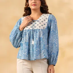 Zenava by Myntra Floral Printed Bishop Sleeves Cotton Top-picture-14