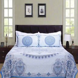 SHAHENAZ Blue & White Floral Cotton 120 TC Double Queen Bedsheet with 2 Pillow Covers-image-28