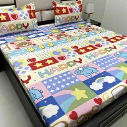 Pure Decor White & Blue Cartoon Characters 300 TC Queen Bedsheet with 2 Pillow Covers-image-17