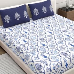 Home Ecstasy Blue & White Floral Printed 140 TC Cotton King Bedsheet Set 2.20 m x 2.74 m-image-7