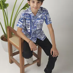 BEARSOUL Boys Abstract Printed Cuban Collar Cotton Casual Shirt-49