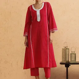 STYLEBAAZI Striped Embroidered Panelled Round Neck A-Line Pure Cotton Kurta With Trousers-picture-0