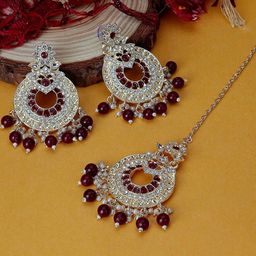KATELYN PRODUCTS Women White & Red Gold-Plated Earring & Maang Tikka Set-image-8