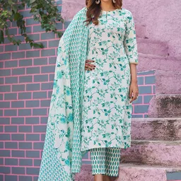 VIBE VISION Floral Printed Pure Cotton Round Neck Straight Kurta With Trousers & Dupatta-picture-51