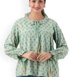 DMP FASHION Floral Printed Tie-Up Neck Puff Sleeves Cotton Pleated Tops-picture-30