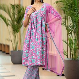 Libas Floral Printed Empire Gotta Patti Pure Cotton Kurta with Trousers & Dupatta-image-96