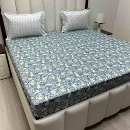 Pure Decor Blue & Yellow Floral King Bedsheet with 2 Pillow Covers-image-50