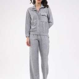 Global Republic Striped Shirt Collar Neck Sweatshirt With Trousers Co-Ords-picture-37