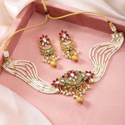 Peora Gold-Plated Kundan Studded & Beaded Jewellery Set-8