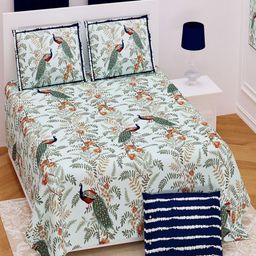 Myntra Elegant Homes Blue & Green Floral 250 TC King Bedsheet with 2 Pillow Covers-3