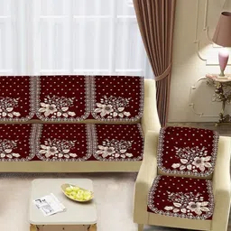 SAWNA HOMES Maroon & Cream 6 Pieces Floral Printed 5 Seater Velvet Sofa Covers-picture-18