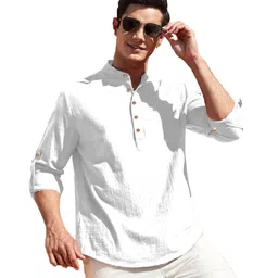 EdinWolf Band Collar Roll-Up Sleeves Pure Cotton Slim Fit Straight Short Kurta-image-73