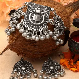 Moedbuille Silver-Plated Oxidised Necklace And Earrings-image-83