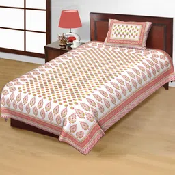 Salgia White & Pink Ethnic Motifs 144 TC Single Bedsheet with 1 Pillow Covers-picture-37