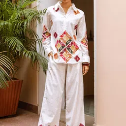 ZUMMER Embroidered Shirt Collar Pure Cotton Shirt With Trousers Co-Ords-picture-18
