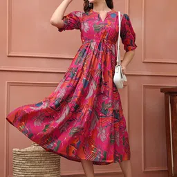 BAESD Floral Printed Mandarin Collar Puff Sleeves Tiered Fit and Flare Midi Dress-image-81