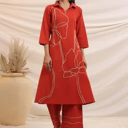 JISORA Womens Rust Solid Cotton Co-ord Set-image-1