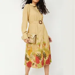 max Women Floral Printed A-Line Midi Shirt Dress-image-55