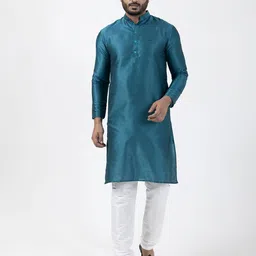 DEVOILER Woven Design Band Collar Dupion Silk Straight Kurta-image-78
