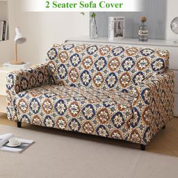 HOKIPO Navy Blue & White Floral Printed Velvet 2 Seater Sofa Cover With Arms-picture-37