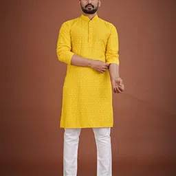 PulseIQ Men Ethnic Motifs Embroidered Chikankari Kurta-image-60