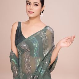 CLEMIRA Striped Embellished Sequinned Pure Georgette Saree-image-59