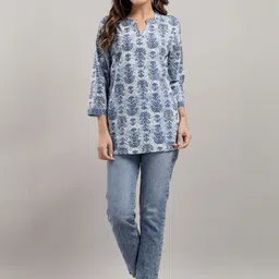 moda rapido Moda RapidoWomen Blue Floral Striped Mandarin Collar Cotton Top-picture-10