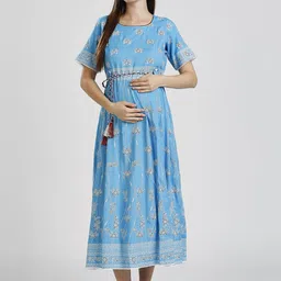 DUMMY SHAPE Women Ethnic Motifs Printed Flared Sleeves Thread Work Belted Detail Maternity Anarkali Kurta-image-72