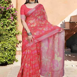 ZILVIRA Floral Printed Zari Pure Linen Block Print Saree-picture-13