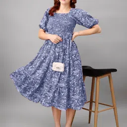 Jash Creation Floral Print Puff Sleeves Fit & Flare Midi Dress-image-16